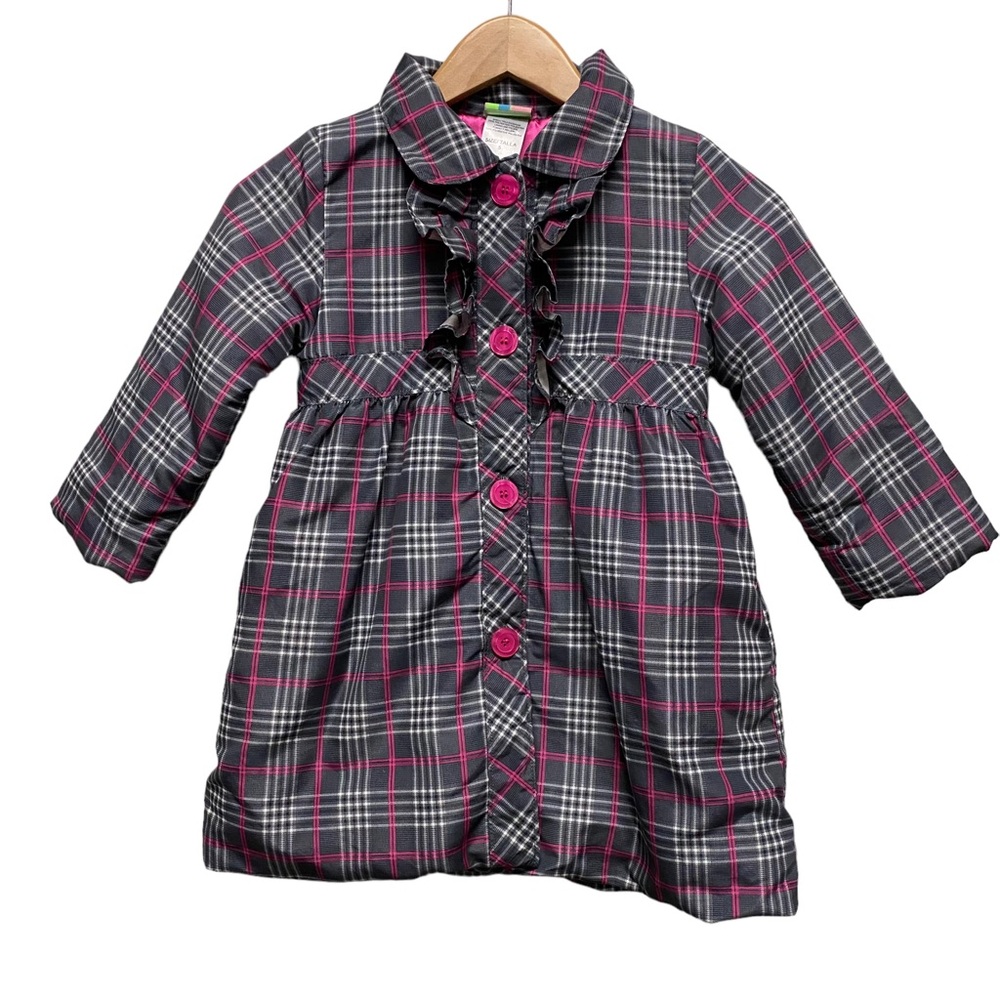 Al & Ray Girls Pink Gray Baby Doll Collar Ruffles Plaid Button Down Puffy Jacket